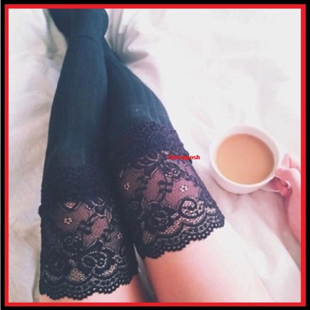 Lace Top Thigh High Socks Over The Knee Ribbed OTK Dance Club Bedroom Lingerie
